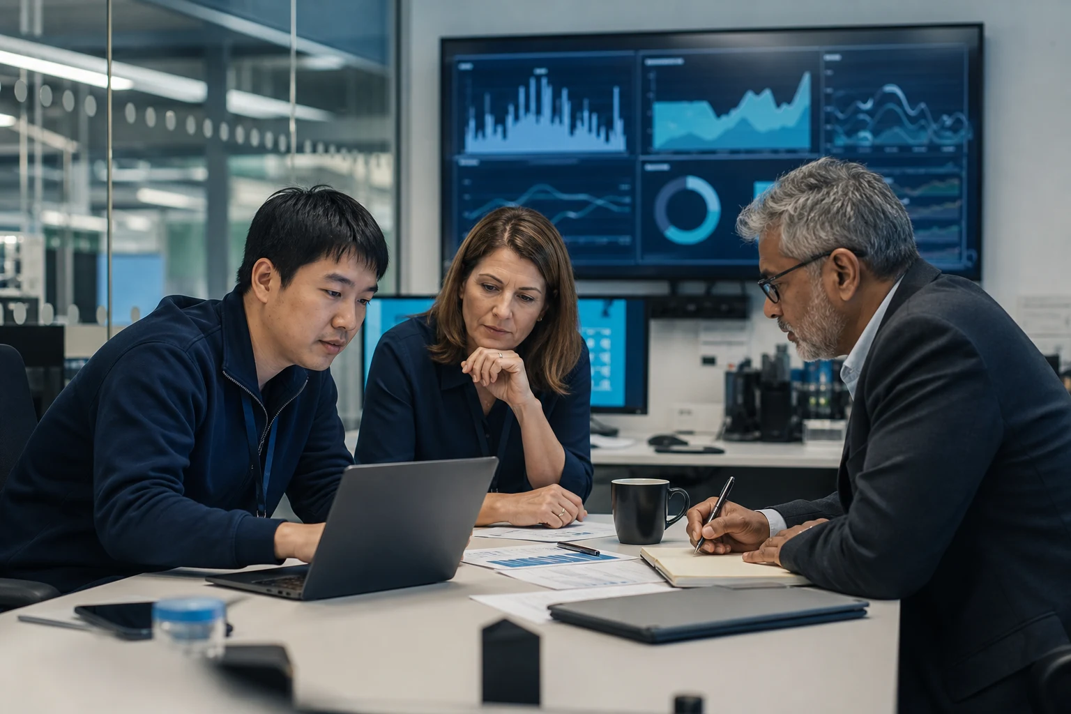 An AI engineer, product owner, and governance lead review a model result together.