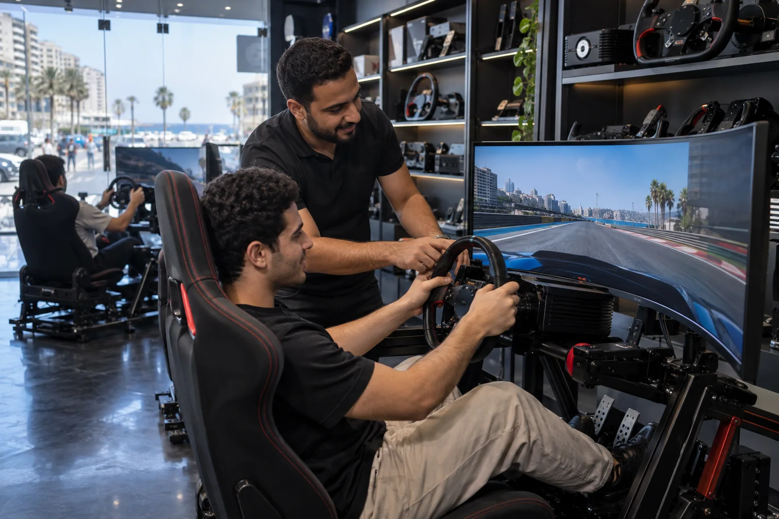 A customer tests a professional sim-racing rig with an adviser in an Alexandria showroom.