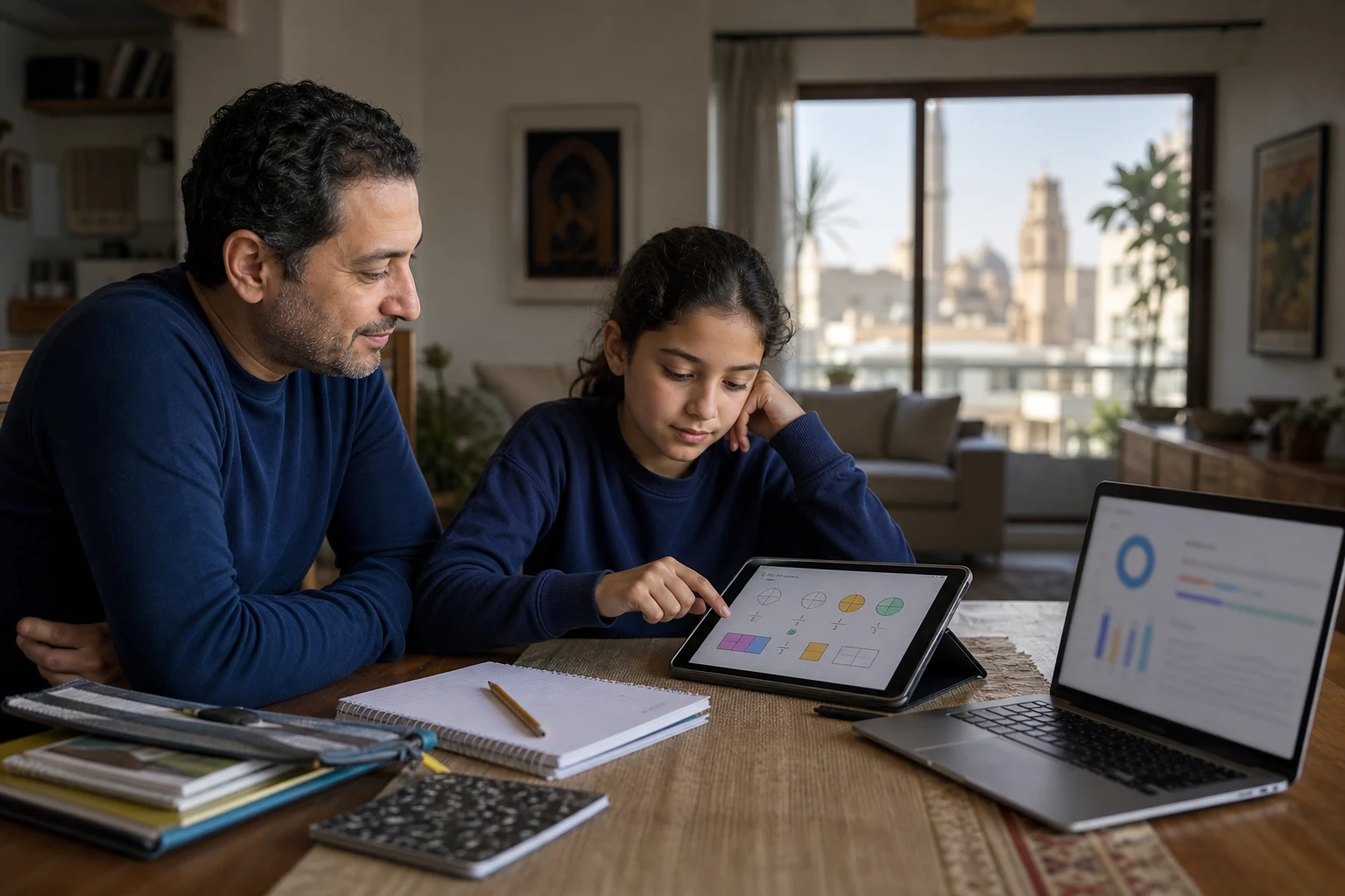 A father supports his daughter as she practises maths on a tablet while a parent progress dashboard is open nearby.