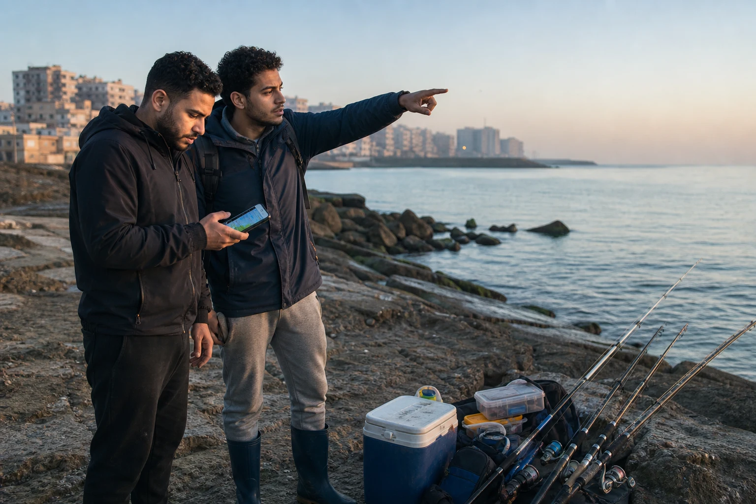 Two friends on Egypt’s Mediterranean coast search a map for a fishing spot beside their rods and tackle.