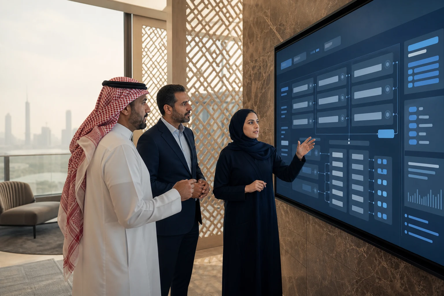 A Gulf-region governance team reviews connected risks, controls, and evidence.