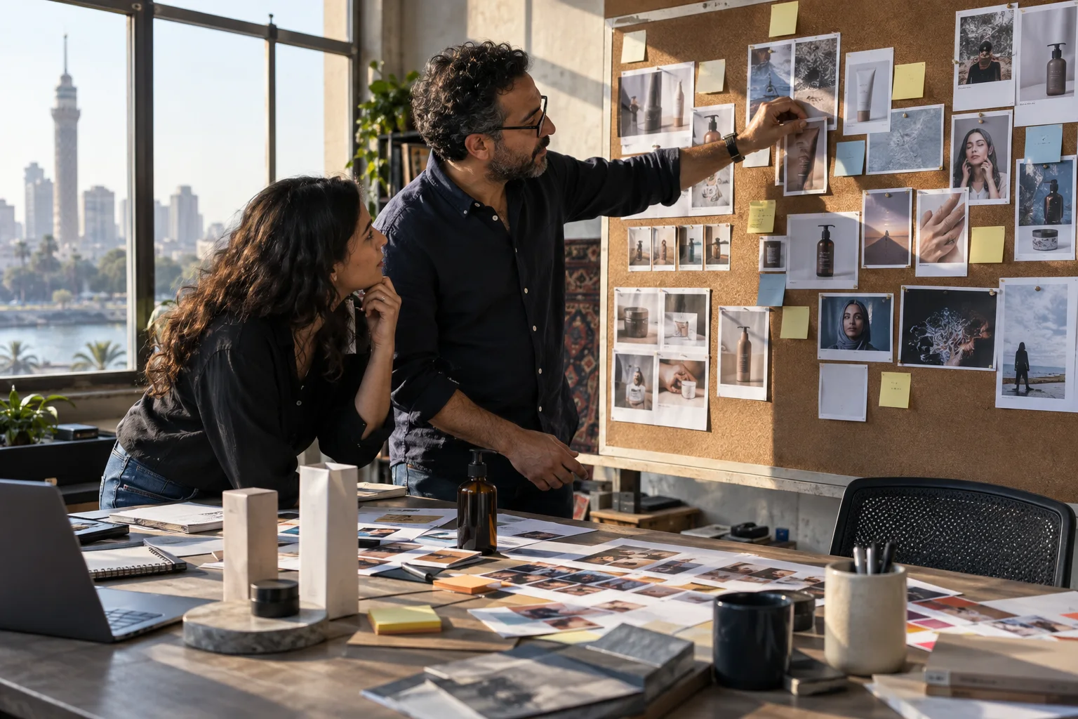Two strategists in Cairo compare campaign concepts against product and market research.