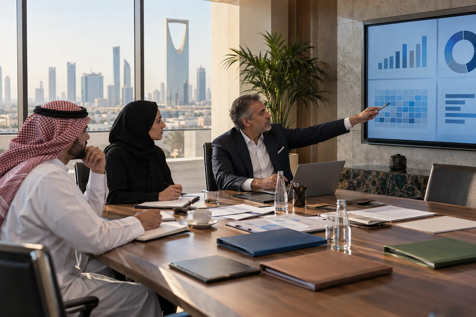 GRC advisers review a client portfolio and evidence materials in a Riyadh meeting.