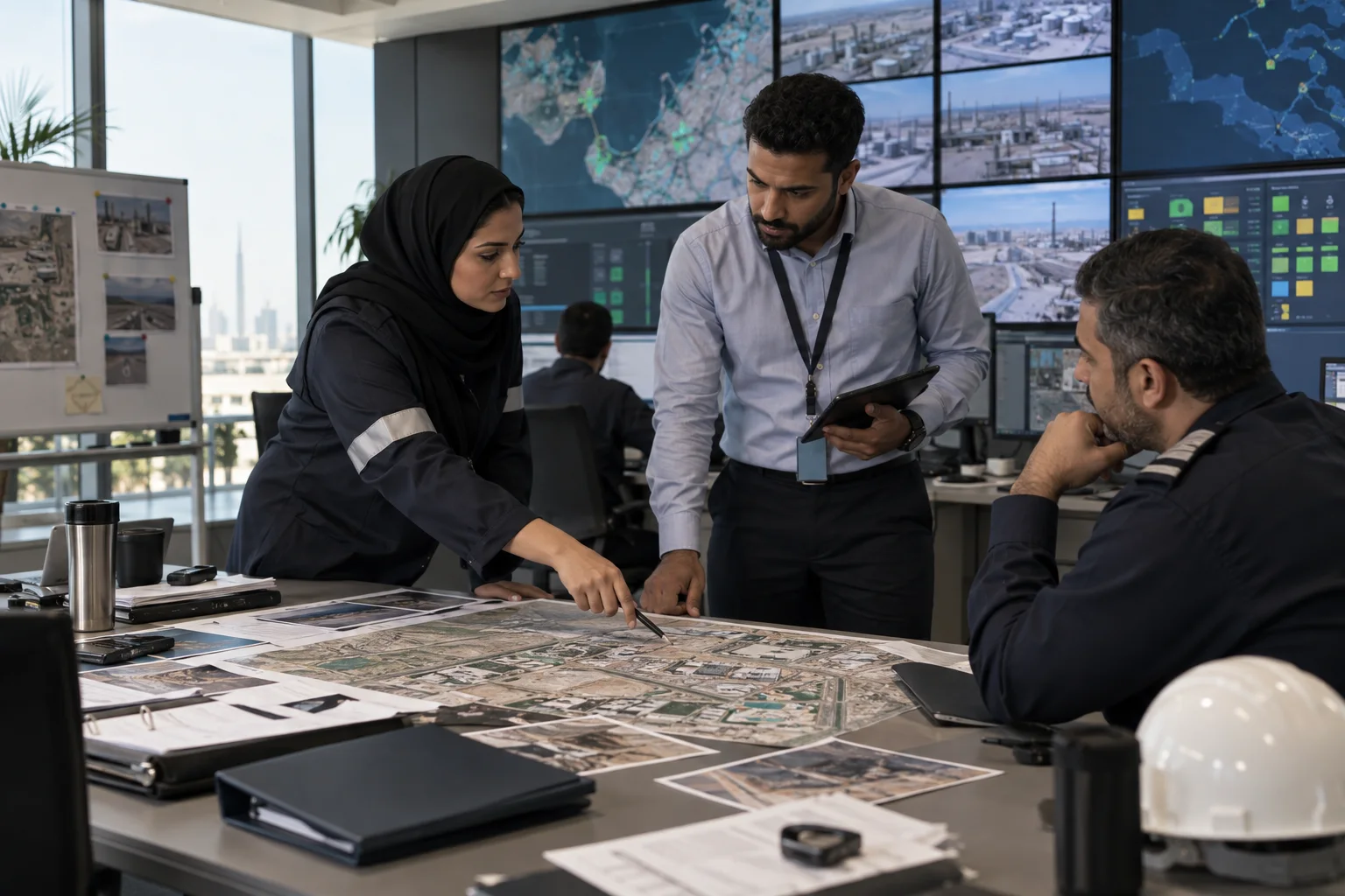 Corporate security professionals review a multi-site facility plan in an operations room.