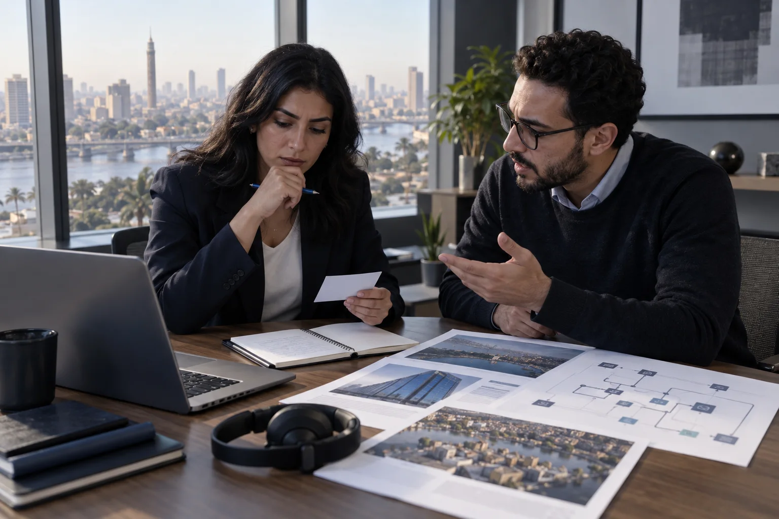 A sales professional and security specialist prepare a prospect conversation in Cairo.