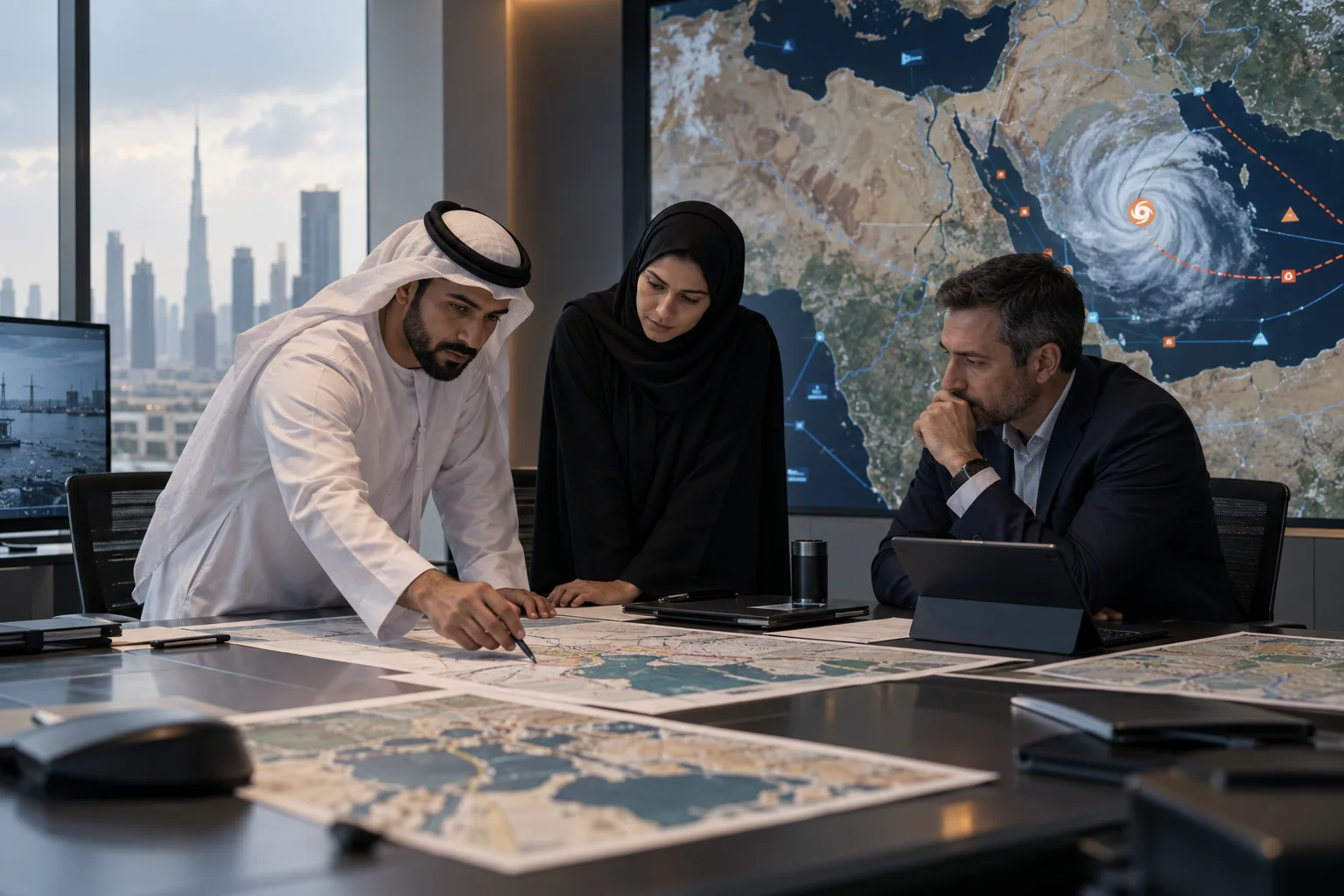 A resilience team maps severe-weather impacts across Gulf operations.