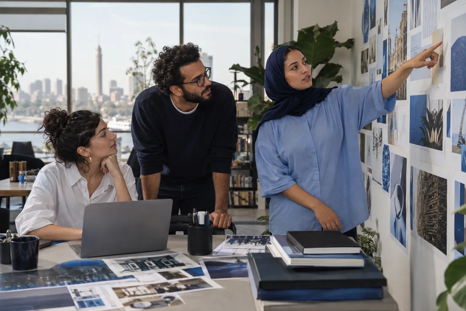 A Cairo marketing team reviews brand references and campaign concepts together.
